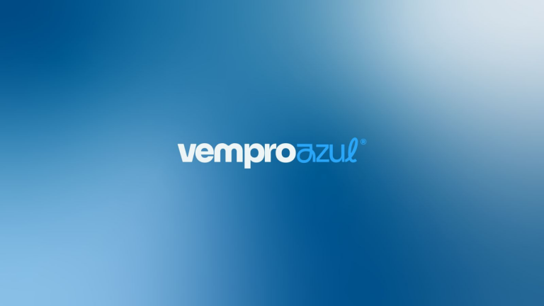 Fundo em degradê azul com o logotipo branco do VemproAzul centralizado.