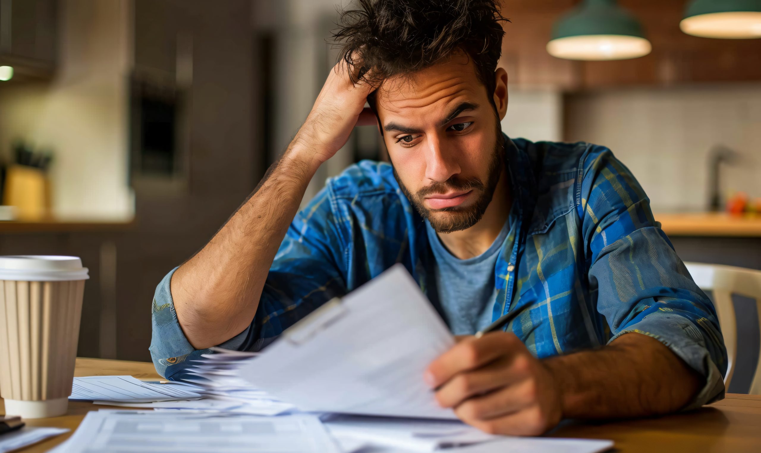 Homem preocupado olhando para documentos financeiros em cima da mesa, representando dificuldade com contas e organização financeira.